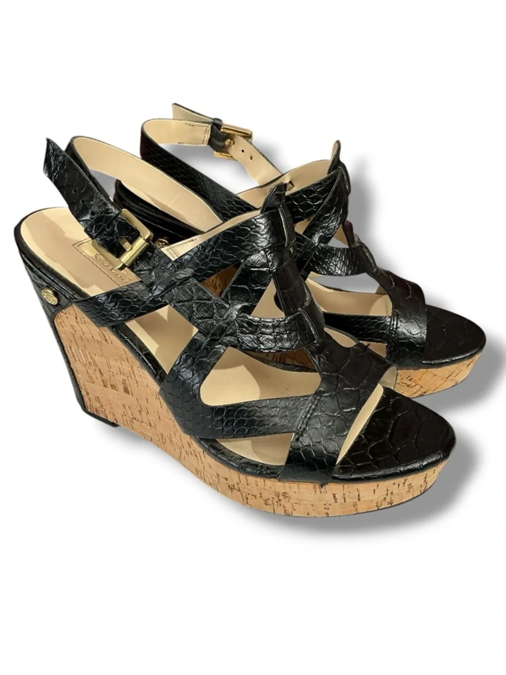 Guess Black Faux-Snakeskin Cork Wedge Sandals